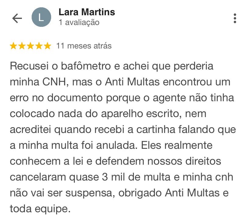 Avaliação 5 estrelas de Lara Martins no Google para o Anti Multas
